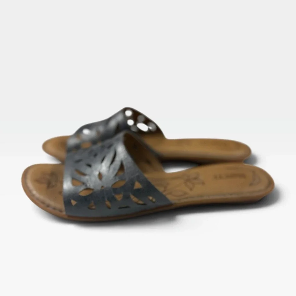 Born Sandals Yesica Womens 10 Blue Leather Laser Cut Floral Slide NEW